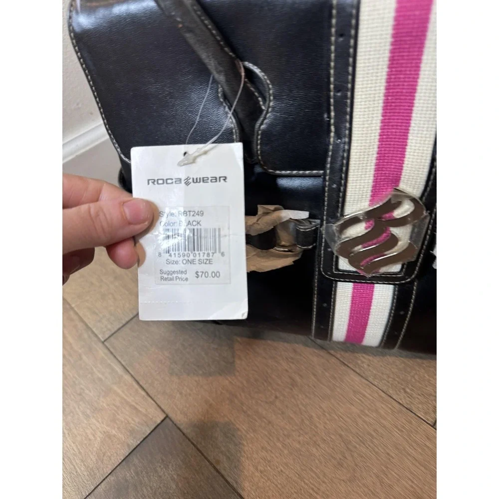 Rocawear Satchel Bag Womens Large Black Faux Leather Stripe Pink Lining Logo Y2K